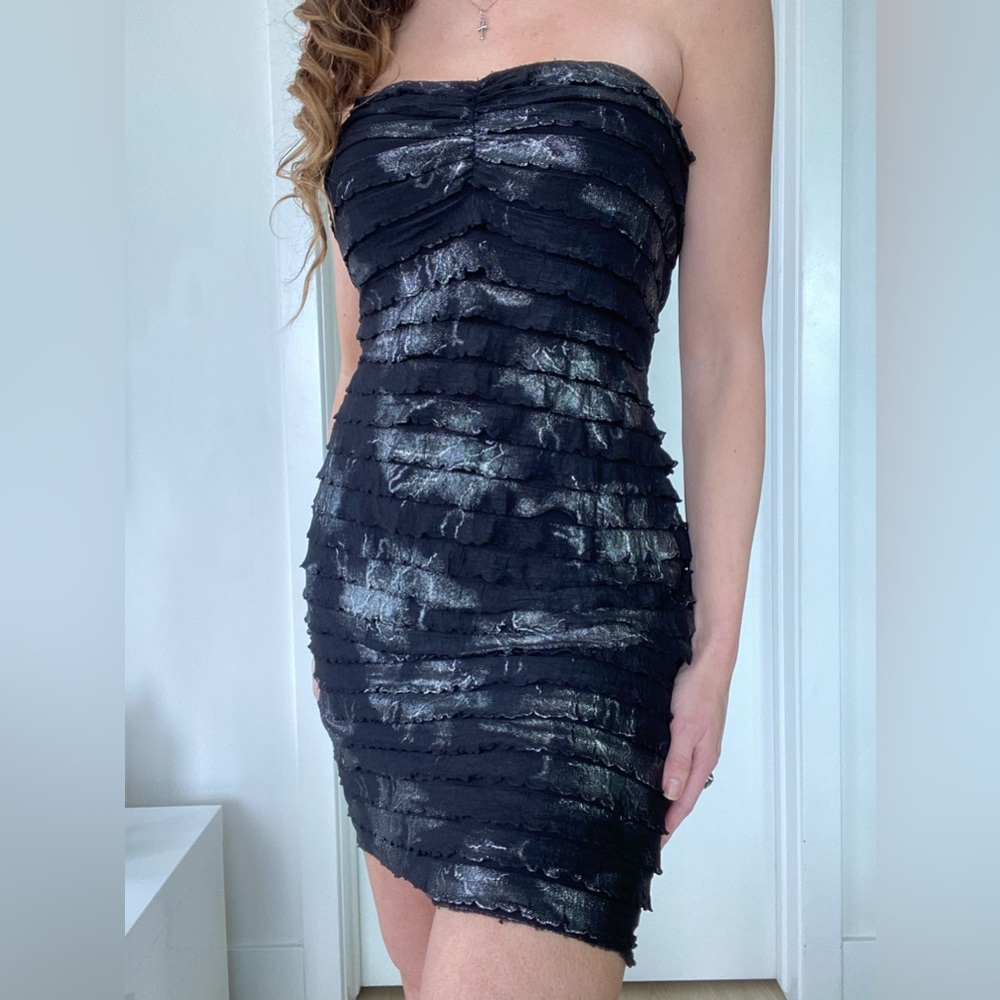 Vintage Betsey Johnson Blk Metallic Strapless soft ruffle Mini Party Dress SizeL